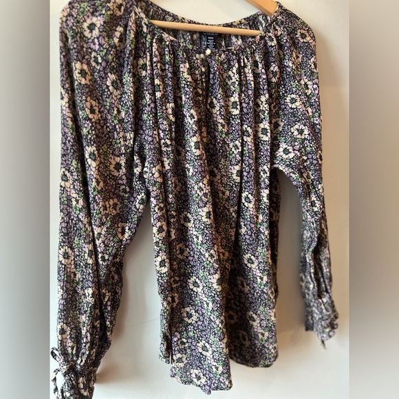Chaps Floral Cotton Blend Tie Sleeve Long Sleeve Top M - Picture 6 of 11